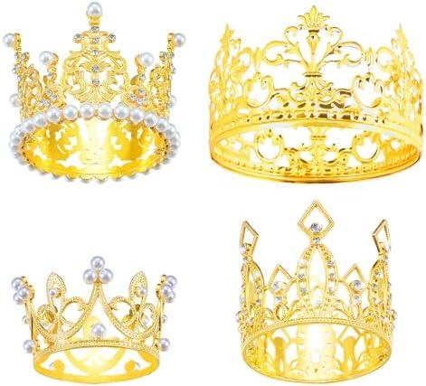 Jetec 4 Pcs Mini Crown Cake Topper Flower Bouquets Accessories, Metal Rhinestone Princess Tiara, Royal Decor for Baby Shower, Wedding, Birthday & Pets(Gold,Classic Style)