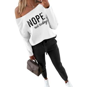 CHICME Women Tracksuit Fall 2 piece Outfits Off The Shoulder Long Sleeve Tops and Pants Set Travel Outfits (Small, Black)