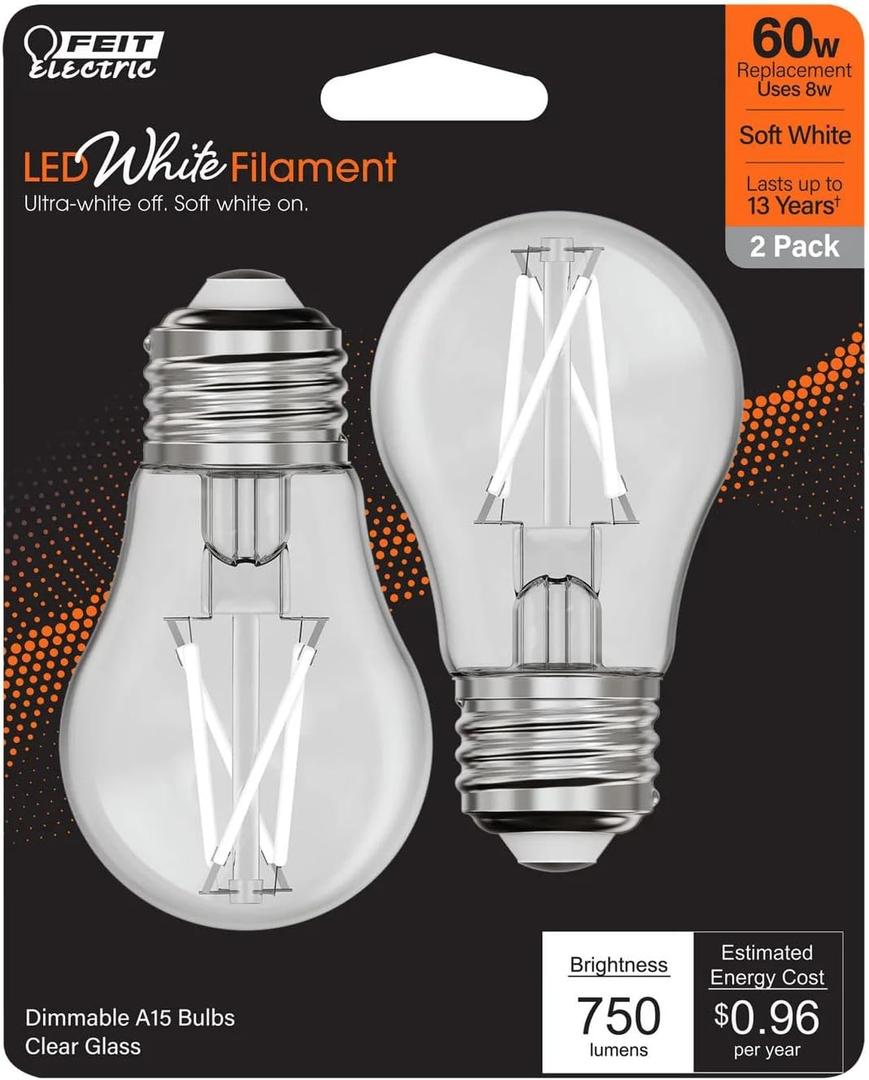 Feit Electric BPA1560927CAWFIL/2 Soft White Exposed White Filament LED Light Bulb, Box of 2 Bulbs; 8W; 2700K; E26 Base; 750 Lumens; Dimmable; 90 CRI; 15000 Rated Life Hours; 120V; 1.8" MOD; 3.2" MOL