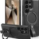 Lunivop Compatible with Samsung Galaxy s25 Ultra Case 6.9 '' 2025 Grip Strap Lanyard Leather Ring Holder Kickstand Compatible with Magsafe Women Man Magnetic Phone Cases Black