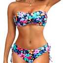Women's Strapless Bandeau Bikini Set - Twist Front Two Piece Swimsuit Top with Side Tie Bathing Suit Bottom,L