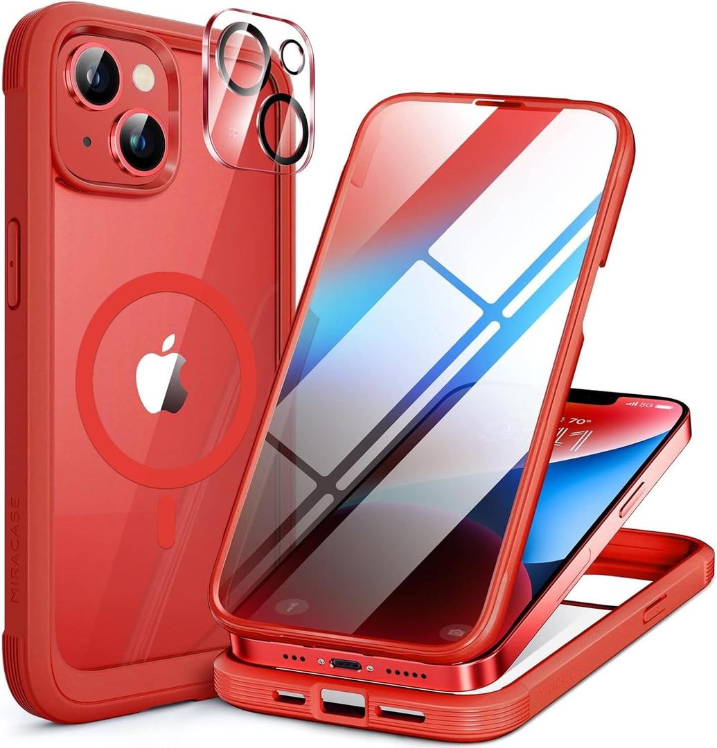 Miracase Glass Series Designed for iPhone 14 Plus Case 6.7 inch, 2023 Upgrade Full-Body Magnetic Clear Case with Built-in 9H Tempered Glass Screen Protector,Compatible with MagSafe, Red