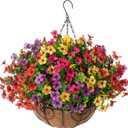 Artificial Faux Hanging Plants Flowers Basket for Summer Outdoor Outside Decoration, Fake Silk UV Sun Resistant Look Real Colorful Daisy Eucalyptus for Porch Home Patio Balcony Yard (Mix)