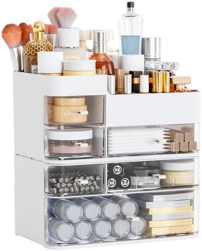 White Countertop Makeup Organizer with 6 Drawers,Large Capacity Skincare Organizers for Vanity,Desk,Dresser,Plastic Bathroom Counter Organizer for Beauty,Skin Care,Perfume,Make up Brush Organization