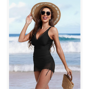 Women One Piece Swim Dress Mesh Tummy Control Swimsuit Sexy Slimming Skirt Bathing Suit V Neck Adjustable Straps Size M