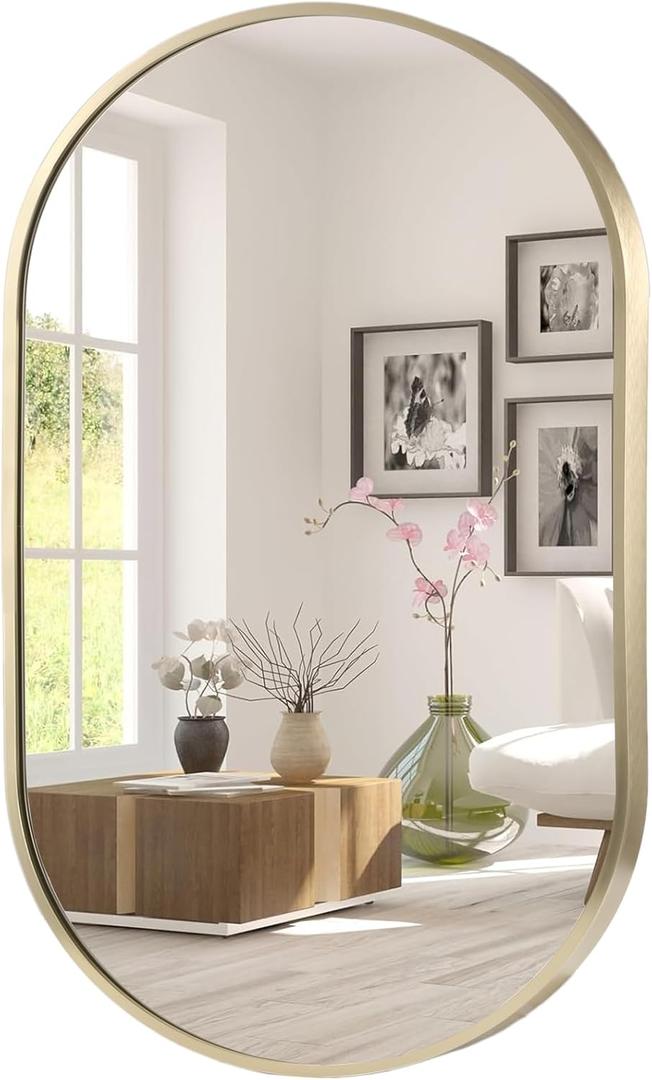 FARMER Oval Mirror Gold, 17"x30" Oval Bathroom Mirror, Metal Frame Wall Mirror, Gold Mirror, Wall Mounted Bathroom Vanity Mirror for Bedroom, Living Room, Entryway, Vertical or Horizontal