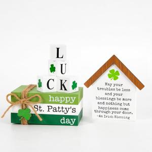 DAZONGE St. Patrick's Day Decorations, 6PCS St. Patrick's Day Tiered Tray Decor, Happy St. Pattys Day Book Stack, Shamrock LUCK Blocks, St. Patrick's Day Signs for Home Table Shelf Decor