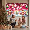 Merry Christmas Banner 71x43 Inches Winter Wonderland Village Snowman Christmas Tree Holiday Decoration Red House Snow Scene Indoor Outdoor Wall Hanging Party Yard Dcor