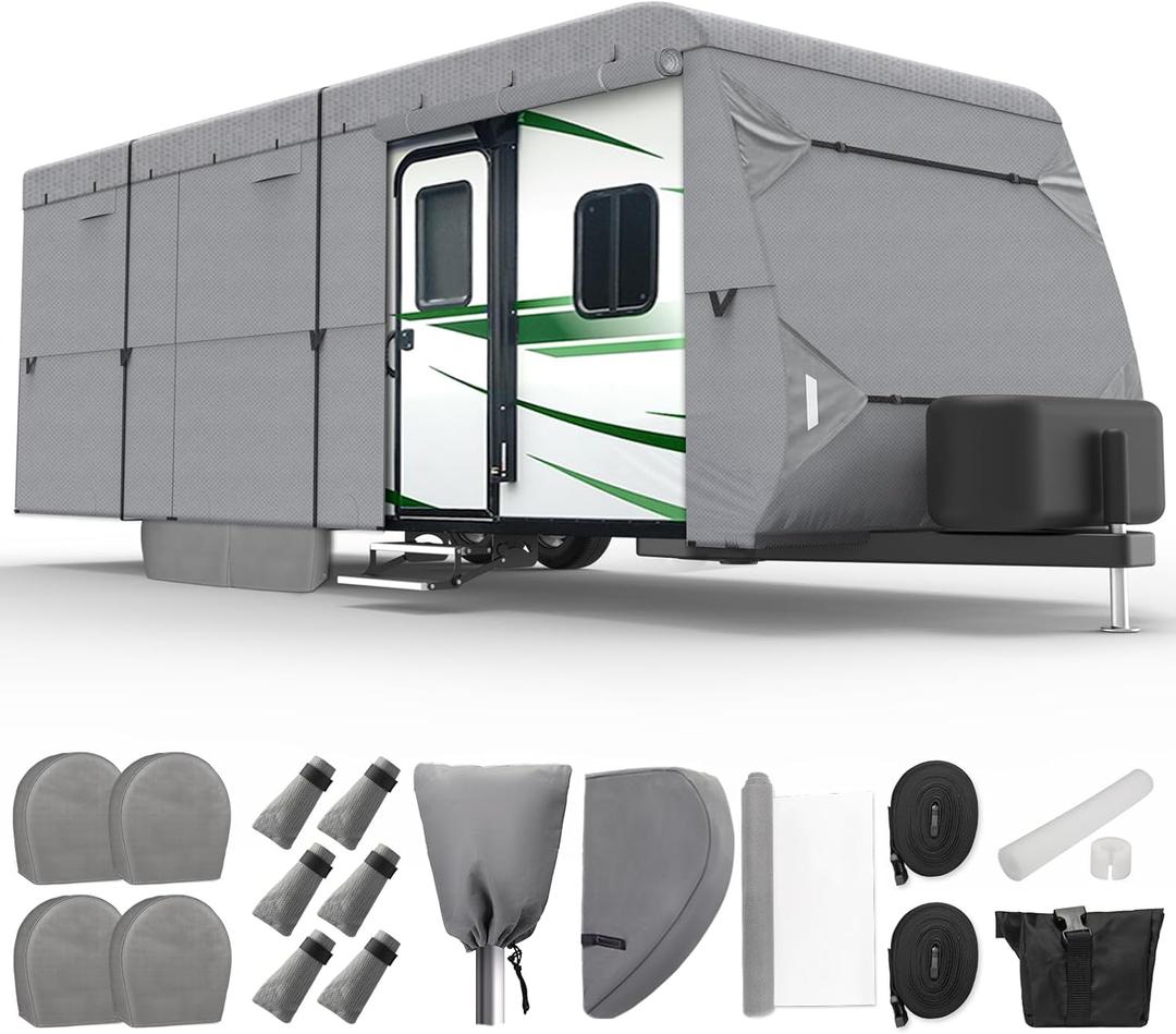 XGear Travel Trailer RV Cover 27'-30' Extra-Thick 7 Layers Camper Cover Windproof Upgrade Trailer Cover Rip-Stop RV Covers with Repair Patches, 2Pcs Extra Straps & 4 Tire Covers