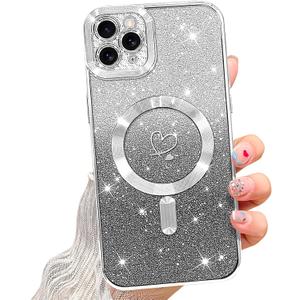NITITOP Compatible with iPhone 11 Pro Case Cute Clear Glitter [Compatible for MagSafe] Sparkle Bling Magnetic Plating Heart Girl Women Electroplated Frame Camera Protection Back Cover - Silver