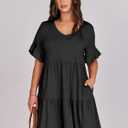 ANRABESS Dresses for Women Summer 2026 V Neck Ruffle Sleeve A Line Tiered Flowy Casual Trendy Mini Beach Dress with Pockets (Black, S)