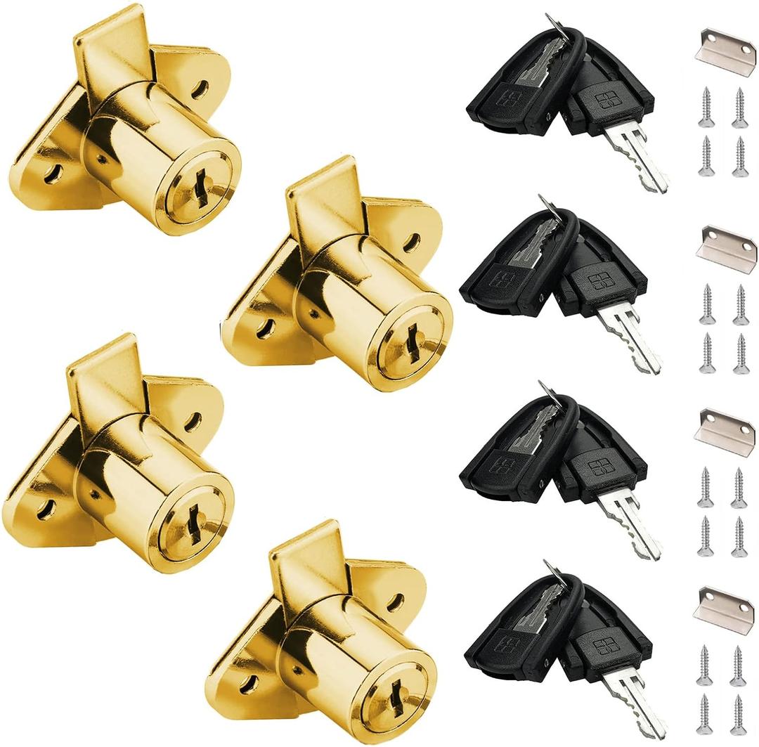 801 Cabinet Drawer Lock with Keys 7/8 inch Outside Cylinder Diameter Keyed Alike 4 Pack Brass Plated