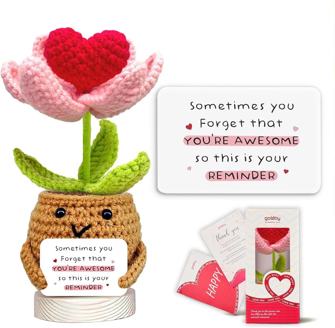 Gossby Handmade Positive Heart Flower Crochet - Sometimes You Forget You're Awesome - Inspirational Gift for Mom - Birthday, Appreciation, Positive Gift for Women, Teacher, Friend, Coworker