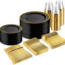 bUCLA 300PCS Black and Gold Disposable Dinnerware Set - 50 Guests Black Plastic Plates with Gold Rim Include 50 Dinner / 50 Dessert Plates, 50 Forks,50 Knives,50 Spoons & 50 Cups for Party&New Year