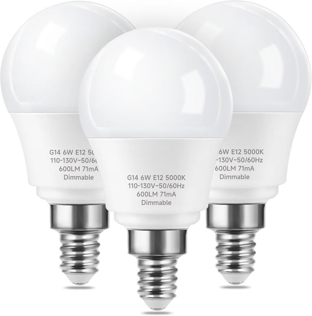 LED Ceiling Fan Light Bulbs, Dimmable E12 Small Base Light Bulb 5000K Daylight, 6W Equivalent 60 Watt, G14 Chandelier Light Bulbs for Ceiling Fan, 3 Packs