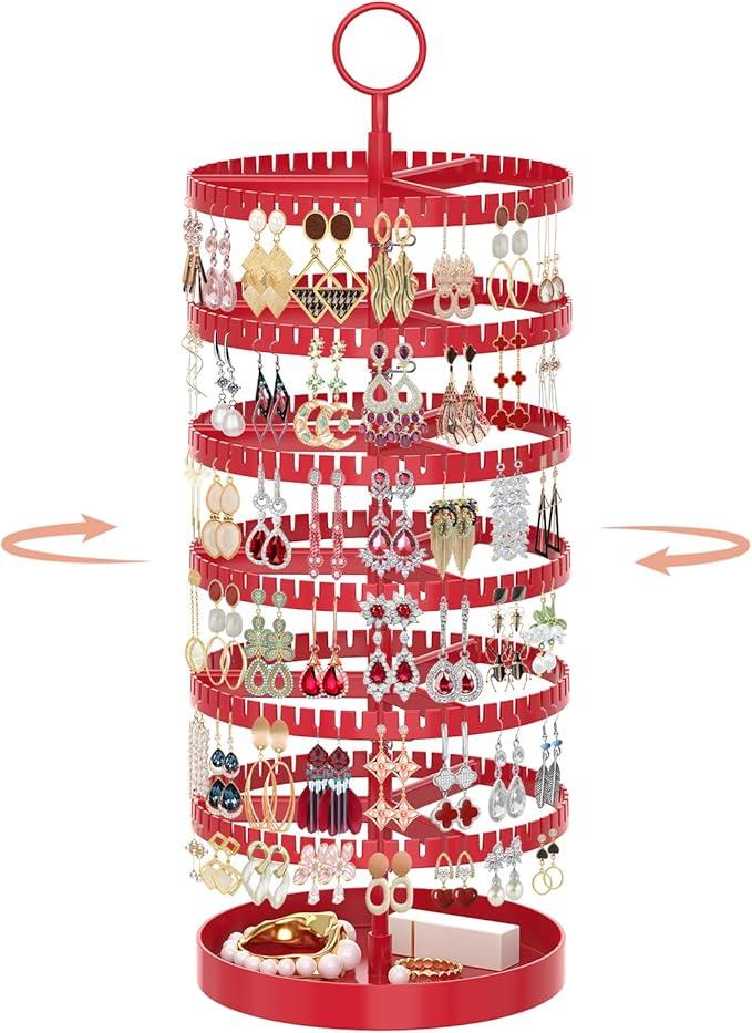 iDavosic.ly 6 Tier Rotating Earring Holder Organizer with Metal Tray, Adjustable Plastic Dangle Display Stands Tree with 342 Grooves, Large Hoop Storage Rack Tower, Red