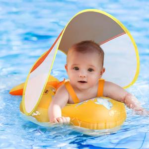 No Flip Over Baby Pool Float with Canopy UPF50+ Sun Protection, Inflatable Baby Float with Sponge Safety Support Bottom, Fun Gifts Water Toys Accessories Baby Swim Floats for Pool 3-36 Months (Large, Orange)
