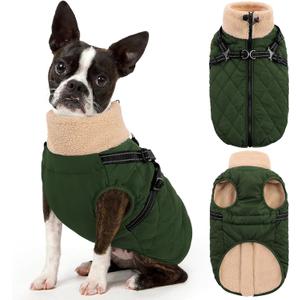 Queenmore Dog Winter Jacket, Dog Coats for Large Dogs, Warm Cozy Pet Jacket Winter with Harness Built in, Waterproof Pet Snow Jacket, Thick Fleece Lining Snowsuit for Large Dogs, ArmyGreen L