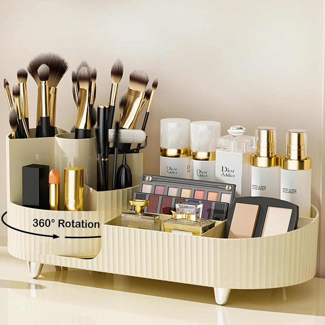 360 Rotating Vanity Makeup Organizer with Brush Holder, Large Spinning Cosmetic Storage for Skincare, Perfumes and Lotions (Ivory)