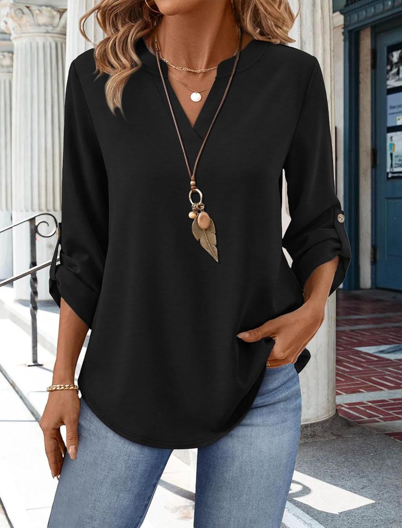 3/4 Length Sleeve Womens Tops V Neck T Shirts Both Side Buttons Blouses Business Casual Outfits Loose Fit (Black) 3XL