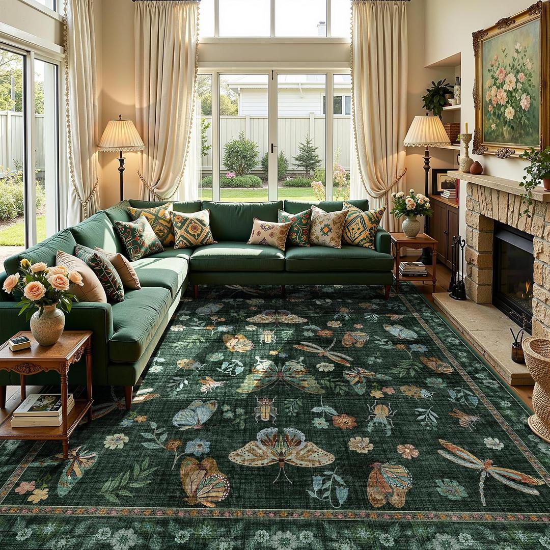 Dark Green Insect Large Area Rugs 9x12 for Living Room Indoor, Butterfly Dining Room Rug Under Table, Low-Pile Machine Washable Floral Non Slip Soft Bug Rug for Bedroom Playroom Office with Flower
