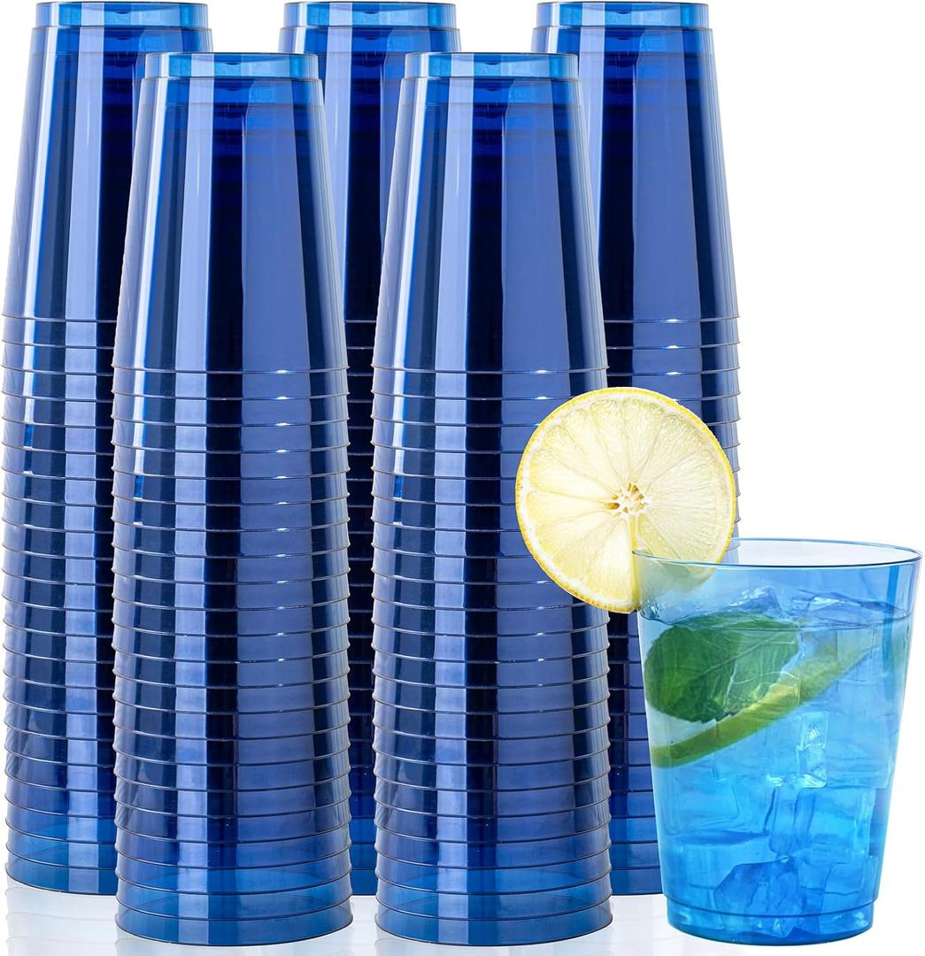 DaYammi 100 Pack Clear Blue Plastic Cups 10 Oz - Heavy Duty Blue Disposable Cups,blue Party cups Disposable Tumblers for Wedding,Birthday,Cocktails & Celebrations Reusable Drinking Glasses
