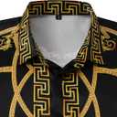 Mens Luxury Brand Print Silk Satin Design Button Down Dress Shirt (Black, M)