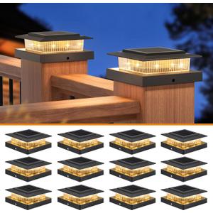 Post Cap Lights 12pack, 4x4 Deck Fence Post Solar Lights Outdoor with Warm White Lighting,Black Waterproof Solar Post Lights for Vinyl/Wood Posts to Decorate Fence, Deck,Garden, Patio