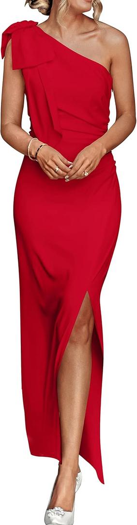 PRETTYGARDEN Women's Summer One Shoulder Long Formal Dresses Sleeveless Ruched Bodycon Wedding Guest Slit Maxi Dress (Red, S)