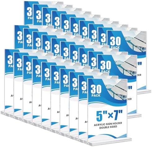 30 Pack Acrylic Sign Holder 5x7, Clear Double Sided Tabletop Menu Display, Desktop Flyer Stand with Vertical Base, Plastic Paper Picture Frame Holder Suitable for Restaurants Office Store Show Fair