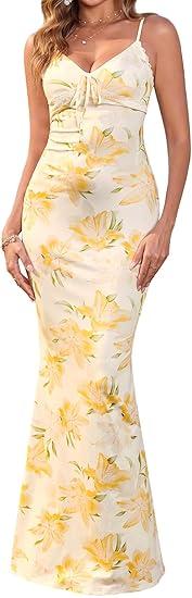 Women's Summer Floral Bodycon Maxi Dress Sexy V Neck Spaghetti Strap Lace Wedding Guest Party Casual Long Dresses, Size -XS