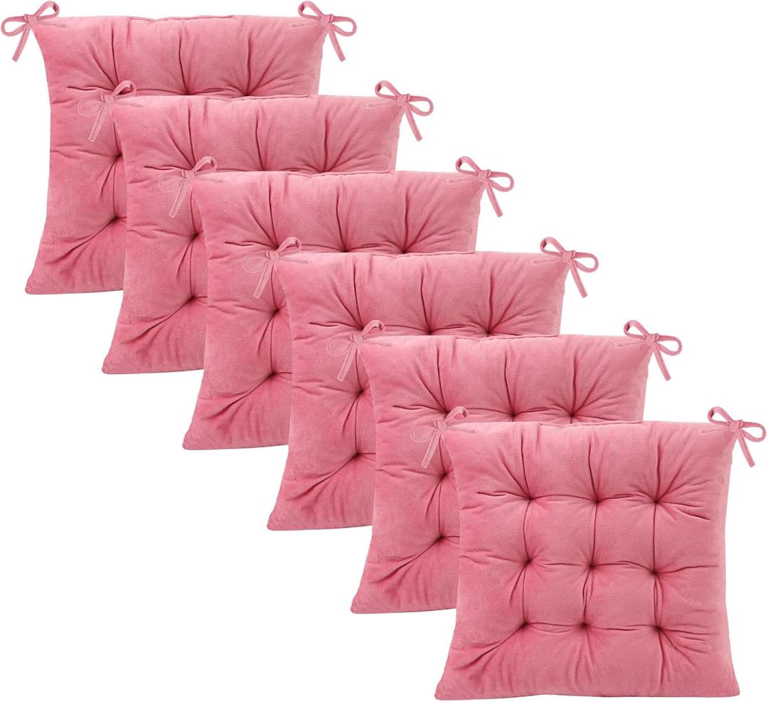 6 Pack Square Seat Cushion Chair Pads for Kitchen Dining Chairs, Soft Comfort Velvet Chair Mat Pillow Cushions with Ties for Office Desk Living Room Tatami 15.5", Pink