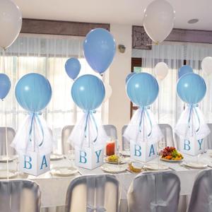 6 Set Blue Boy Tulle Tutu Balloon with Letter Boxes Baby Shower Table Centerpieces Decor for Gender Reveal 24'' Balloons White Tulle Cover with Stand, Boxes for Girl Boy Wedding Birthday Party