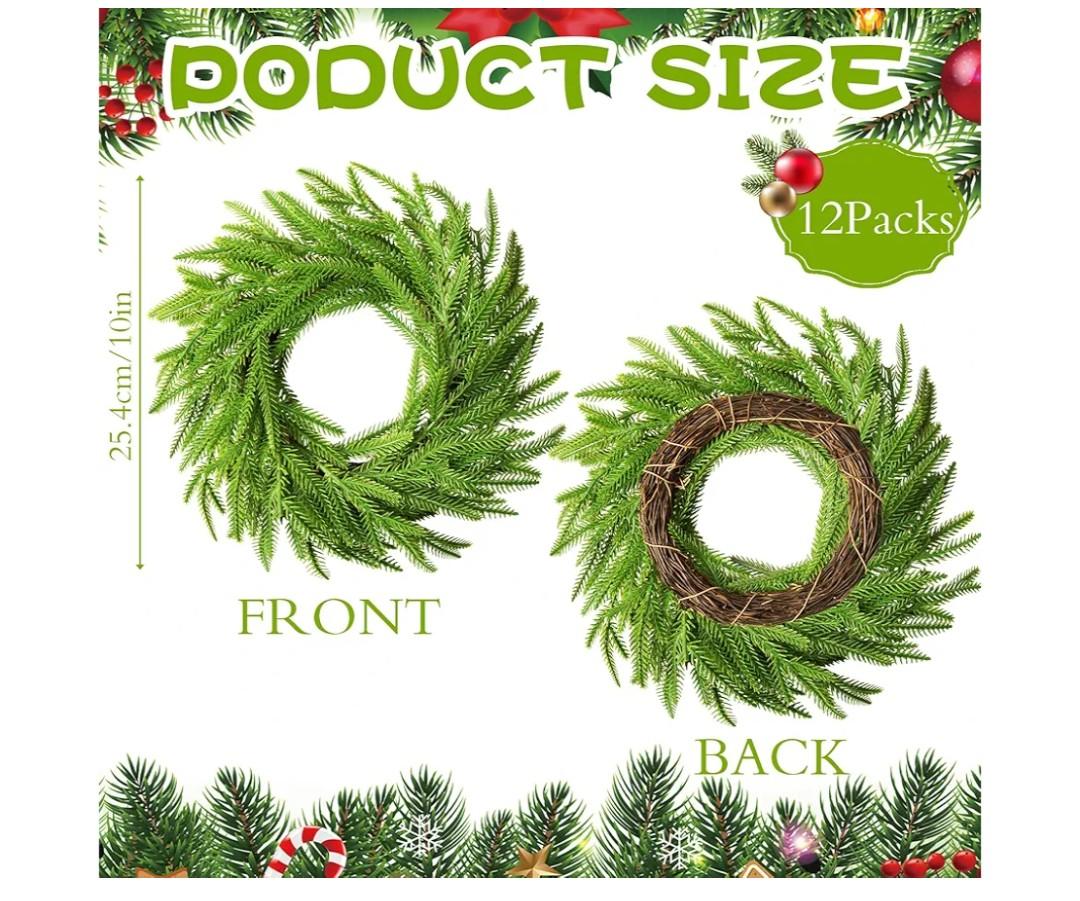 12 Pcs Christmas DIY Green Wreath 10 Inch Artificial DIY Faux Plain Wreaths Front Door Green Farmhouse Cabinets Indoor Outdoor Wall Decor(Norfolk Pine)