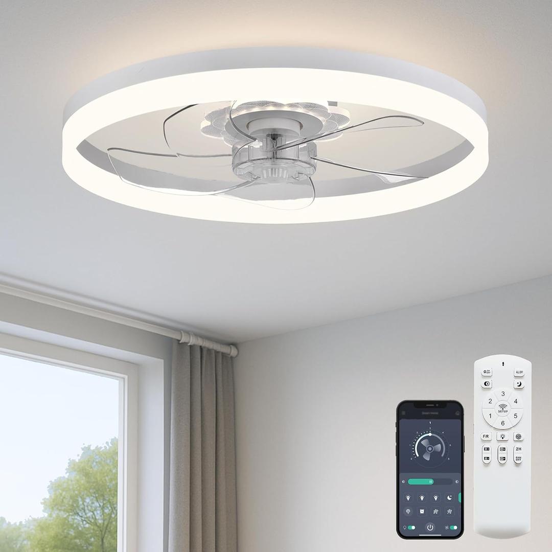 Fszdorj 20 Ceiling Fan with Light, Upgraded Low Profile Fan, Flush Mount Ceiling Fan, 6 Speeds, Dimmable LED, App & Remote Control, Quiet DC Motor, for Bedroom, Living Room, F115 White