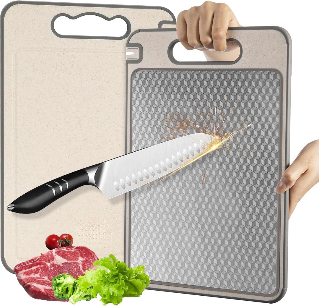 Double-Sided 304 Stainless Steel & Wheat Straw Cutting Board (14.4" x 9.8") – Reversible Chopping Board with Knife Sharpener, Garlic Grater & Juice Groove, Dishwasher Safe, Scratch Resistant