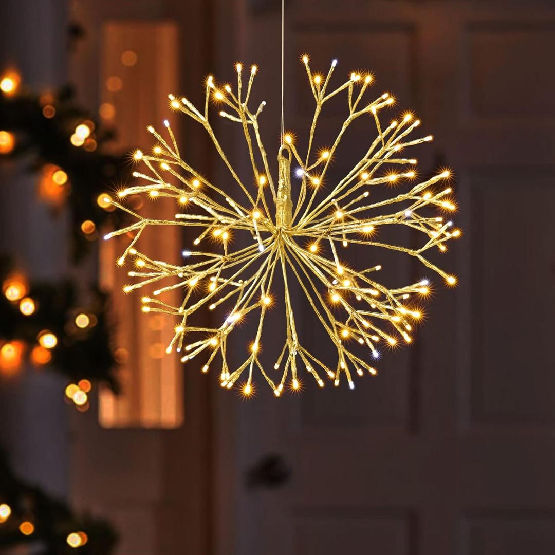 Christmas Hanging Starburst Lighted Branches, Pre-Lit 24'' Dia Gold Starry with 160PCS Warm White LED Twinkle Hanging Ball Light Plug in Indoor