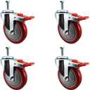 5 Inch Total Lock Caster - Red Polyurethane Wheel - 1/2"-13 x 1.5" Threaded Stem Set of 4