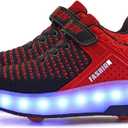 Aikuass USB Chargable LED Light Up Roller Shoes Wheeled Skate Sneaker Shoes for Boys Girls Kids (3.5 Big Kid, 1- Black Red- Double Wheels)