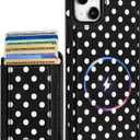 Shorogyt for iPhone 14 Plus Wallet Case - Fits 5 Cards, Compatible with Magsafe Detachable Magnetic Credit Card Holder Leather Cardholder Cute Phone Cover Women Girls for Apple 14Plus, Polka Dots