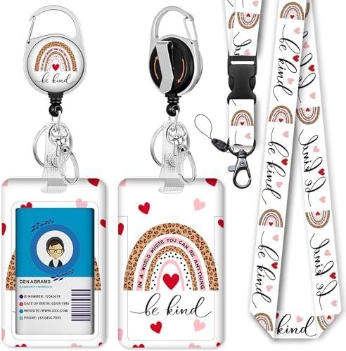 Be Kind Lanyards for ID Badges, Badge Reel Retractable Badge Holder with Lanyard for Teacher, Women, Kids, Set of 2