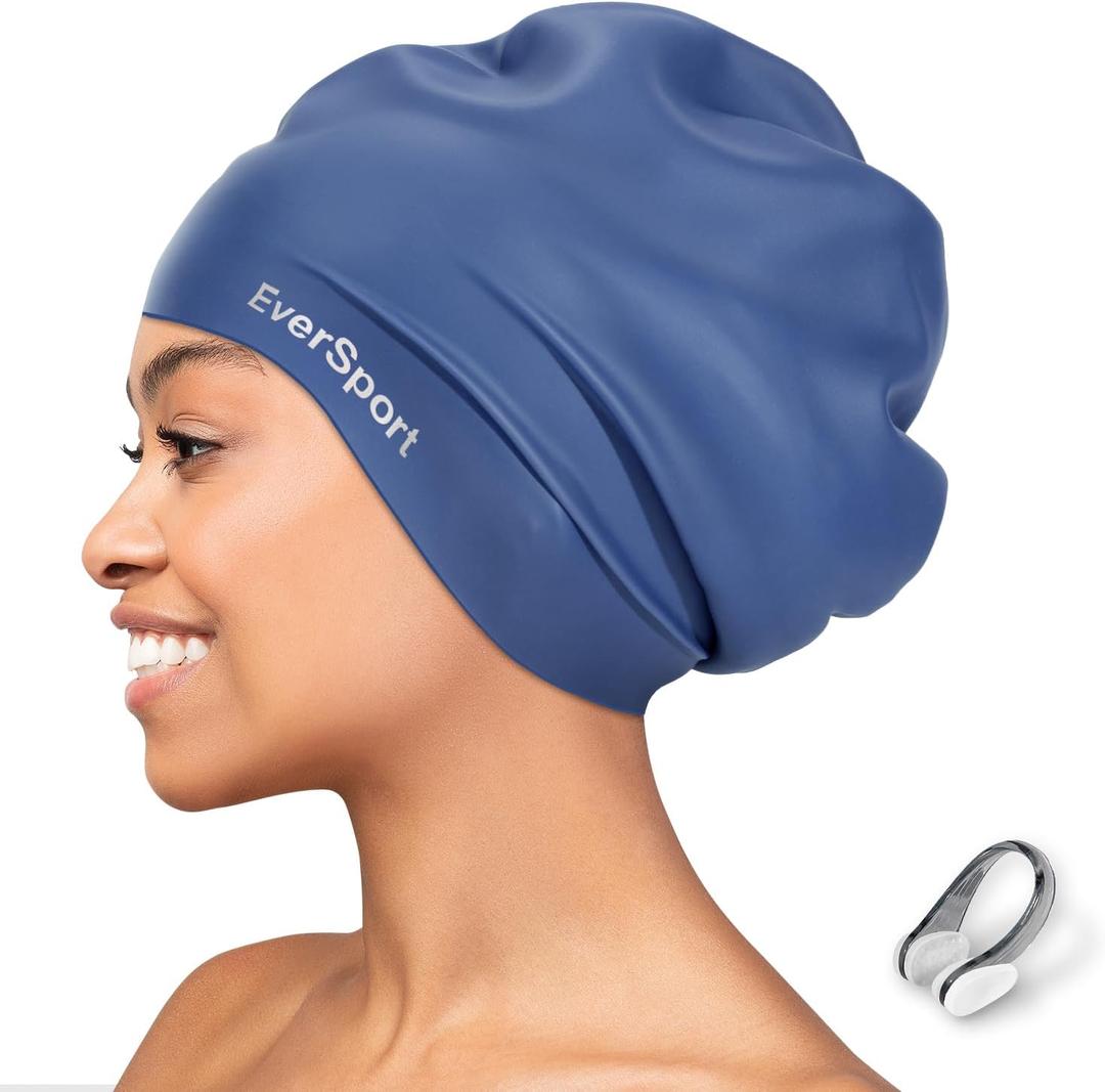 EverSport Extra Large Swim Cap for Braids, Dreadlocks & Thick Curly Hair, Silicone, Anti-Slip, Waterproof, Navy Blue, Unisex Adult