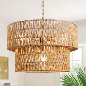Boho 17” Rattan Chandelier Light Fixture, 4-Light Hand Woven Rattan Pendant with 2-Tier Wicker Shade, Adjustable Farmhouse Ceiling Hanging Light for Dining Room, Kitchen, Living Room, Bedroom, 17.7 inch