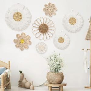 Chunful 7 Pcs Boho Wall Basket Decor Rattan Flower Wall Decor Nursery Daisy Flower Woven Macrame Hanging Flowers for Baby Kids Girls Farmhouse Bedrooms Living Rooms Kitchen Home(Milky White)
