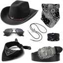 EIELO Cowboy Costume Outfit for Men Women Western Cowboy Hat Bolo Tie Buckle Belt Accessories Set for Halloween Cosplay Party