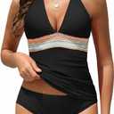 Women Tummy Control Tankini Swimsuit - Halter Swimsuit Two Piece Bathing Suit Color Block 2025 Swimwear Black L