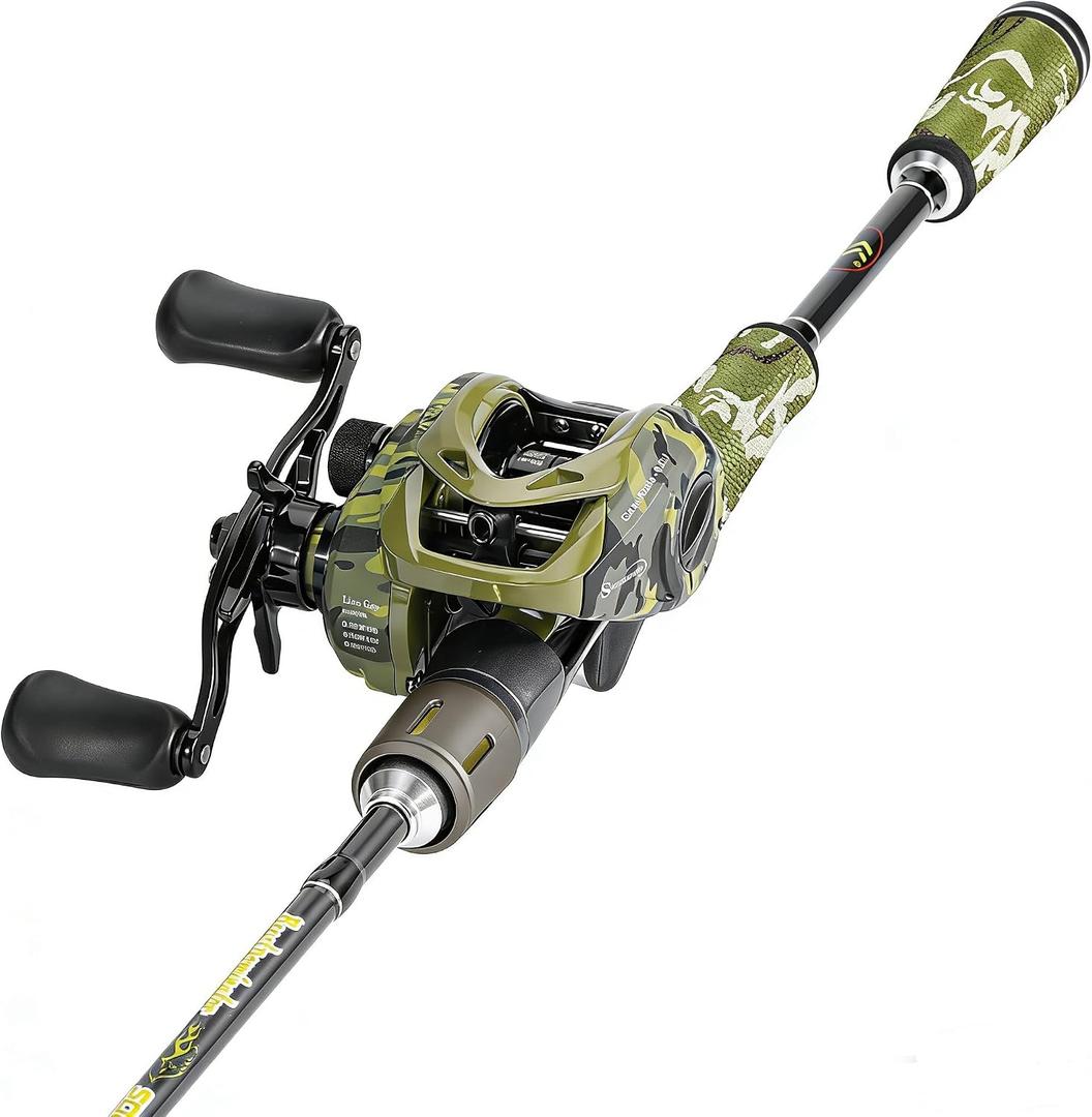 Sougayilang Camo Baitcaster Combo, 2-Piece 30+24Ton Graphite Rod, 8.0:1 Gear Ratio,9+1 Bearings Reel, SuperPolymer Handle,Hook Keeper for Bass, Walleye, Pike, Catfish Fishing (Camo 762-Right Hand)