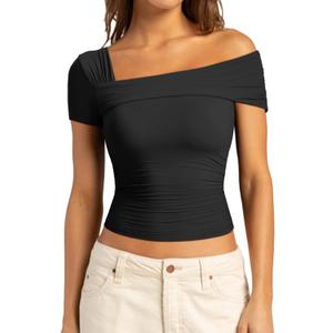 SUUKSESS Women One Off The Shoulder Summer Tank Tops Ruched Short Sleeve Shirts (X-Small, Black)