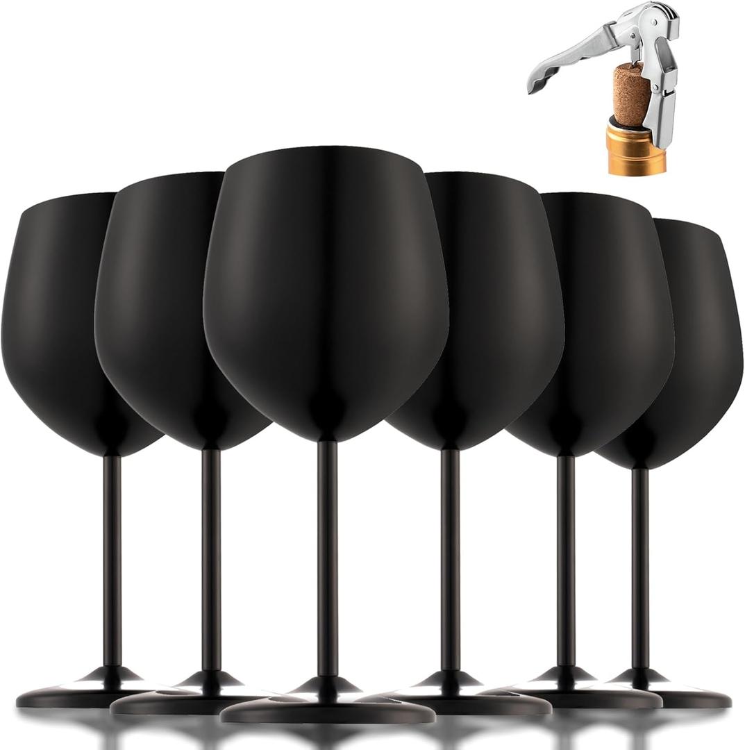 Stainless Steel Wine Glasses, Unbreakable Gold Wine Glass 18 oz Unique Metal Wine Goblets for Outdoor, Travel, Camping, Pool, Ideal Gift for Wine Lovers (6 cups + 1 bottle opener) (Black)