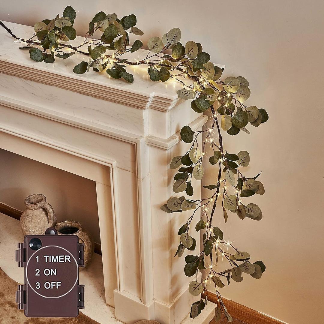 LITBLOOM Lighted Eucalyptus Garland Battery Operated with Timer 6FT 96 LED Artificial Greenery Twig Vine Lights for Room Stairs Mantle Wedding Holiday Decoration Indoor Outdoor (Eucalyptus)